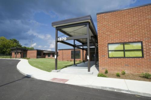 View of the school entrance from the parking lot