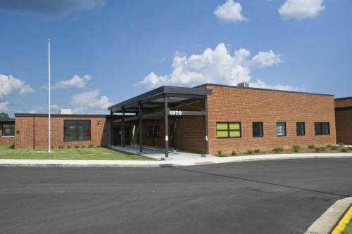 View of the school entrance from the parking lot