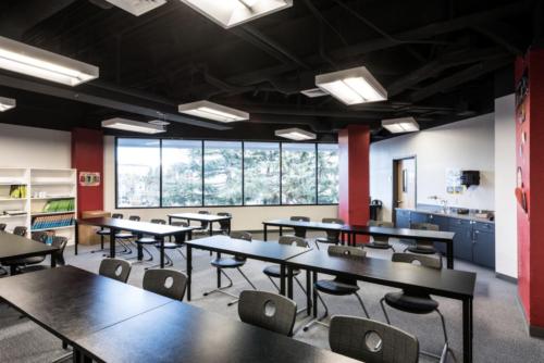 a bright classroom with large windows
