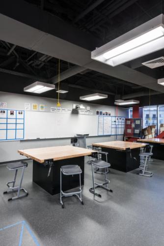 classroom work desks with white board in the background