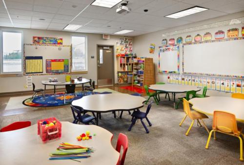 Classroom with tables and colorful chairs