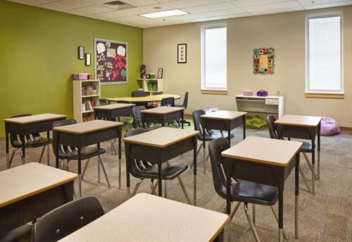 Classroom with desks lined up in rows