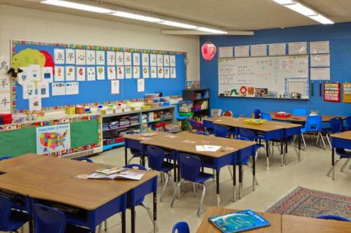classroom with characters of an Asian language on the walls