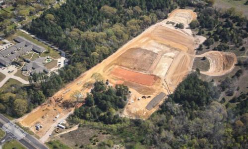 An aerial drone photo of the Cumberland High School campus during construction