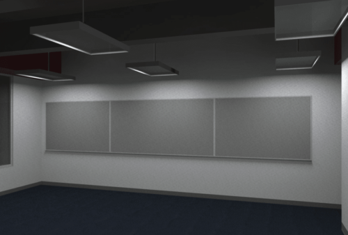 Classroom with three whiteboards 