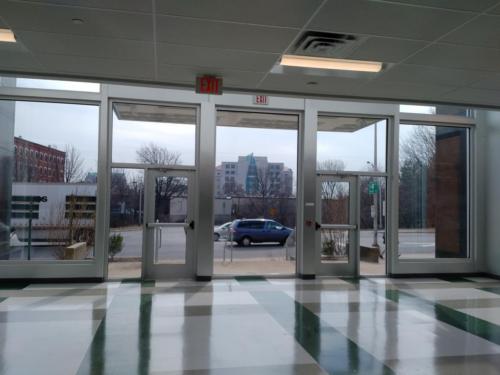 Looking outside from inside the lobby