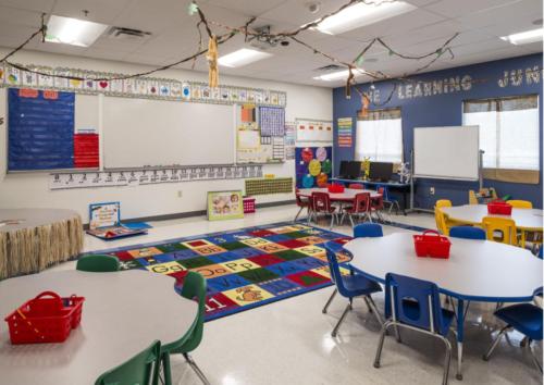 Classroom with monkeys hanging from vines on the ceiling