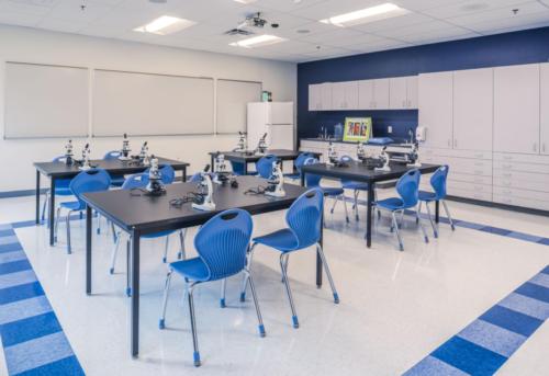 A science classroom with microscopes on the tables