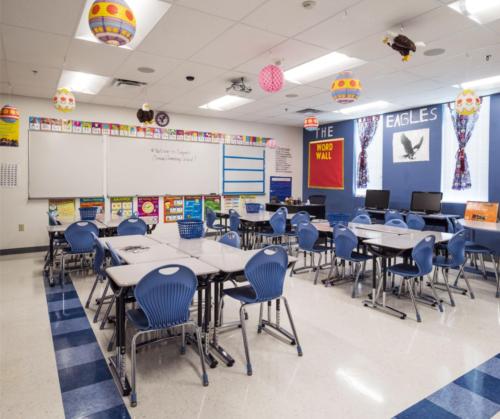 Classroom with posters of eagles and eagles hanging from the ceiling