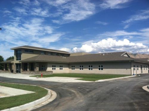 A view of the school exterior from the parking lot